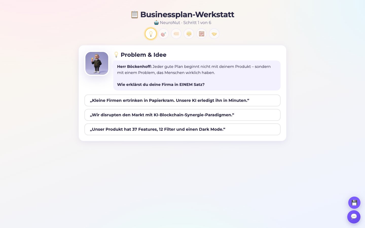 Spielausschnitt: Businessplan-Werkstatt im CEO-Modus mit Problem, Zielgruppe, Preis, Markt und Break-even