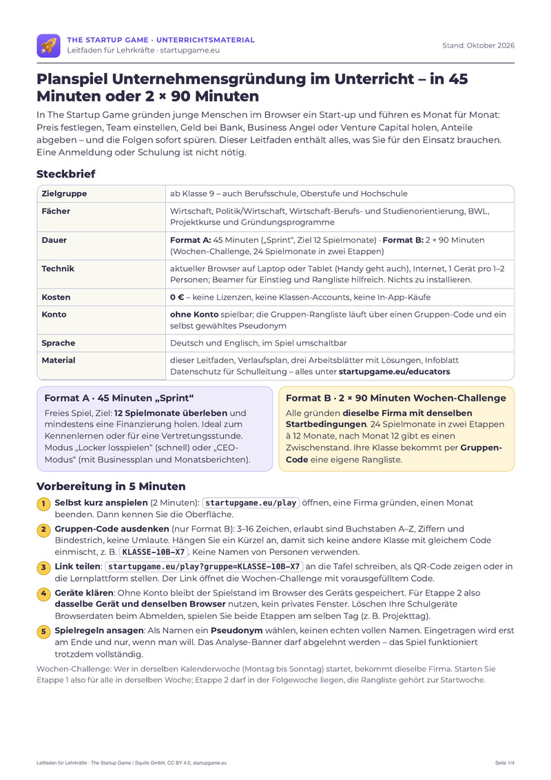 Vorschau: erste Seite des Workshop-Leitfadens für Lehrkräfte