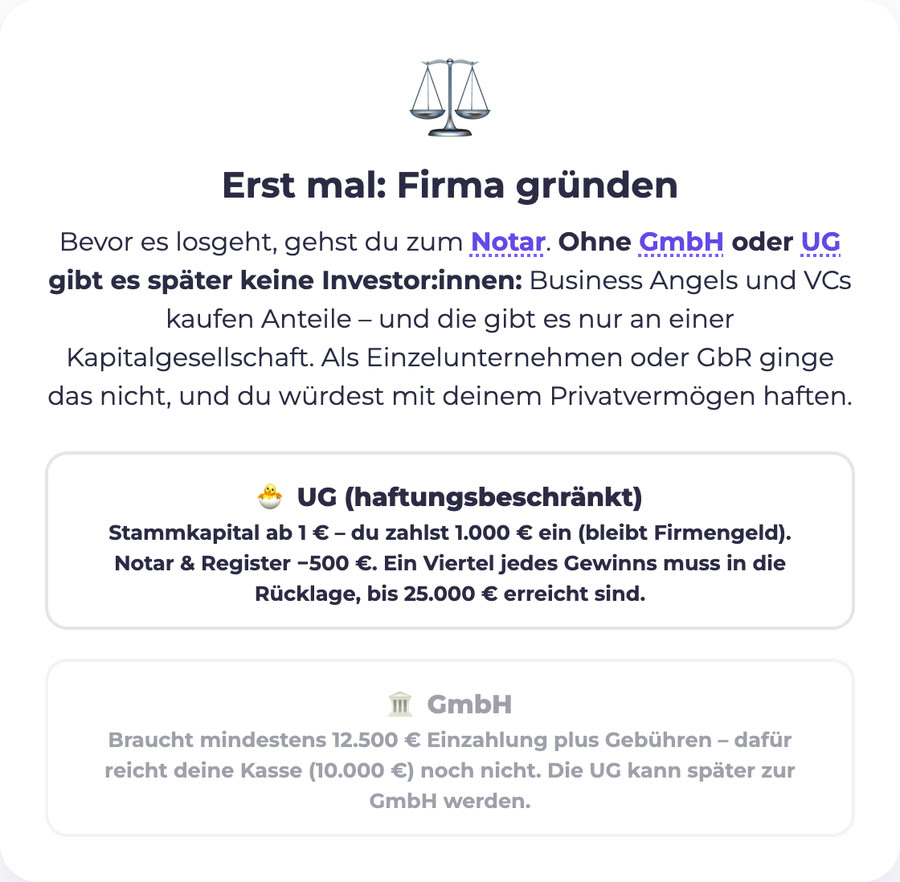 Spielausschnitt: Beim Notar wählen die Spieler:innen zwischen UG und GmbH, mit Stammkapital und Haftung im Vergleich