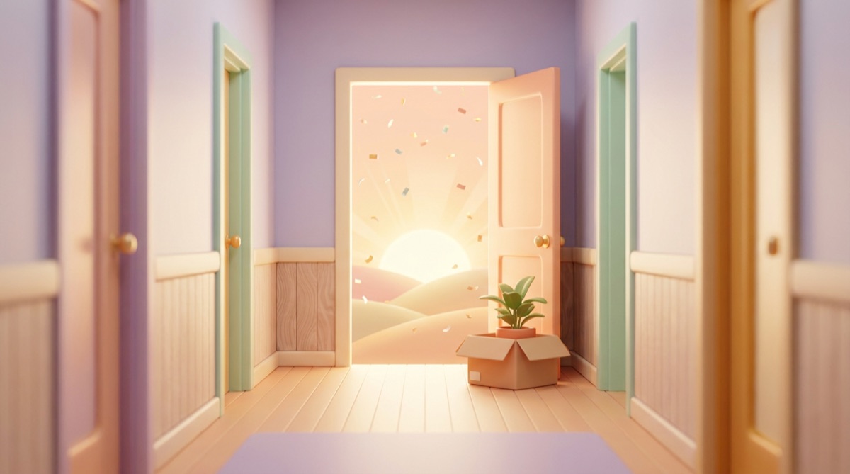 Illustration: eine offene Tür in einem Büro, hinter der Konfetti und ein Sonnenaufgang zu sehen sind